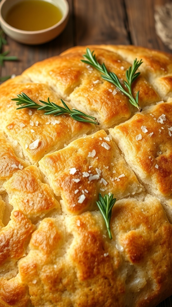 Golden brown focaccia bread topped with rosemary and sea salt, served with olive oil on a rustic table.